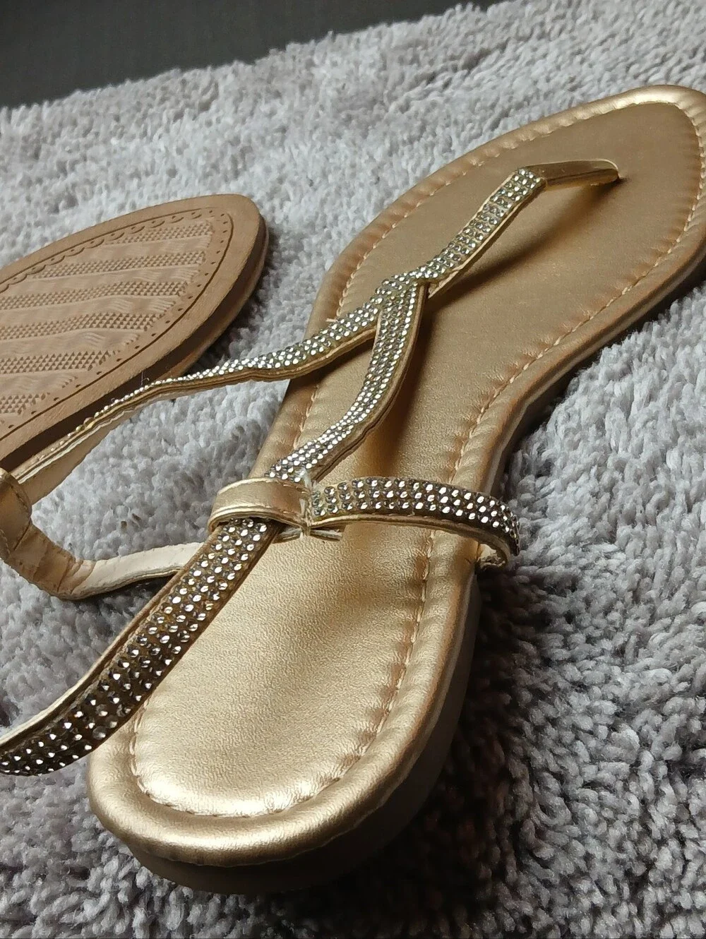 Metallic Gold Rhinestone T-Strap Slingback Flat Sandals 9